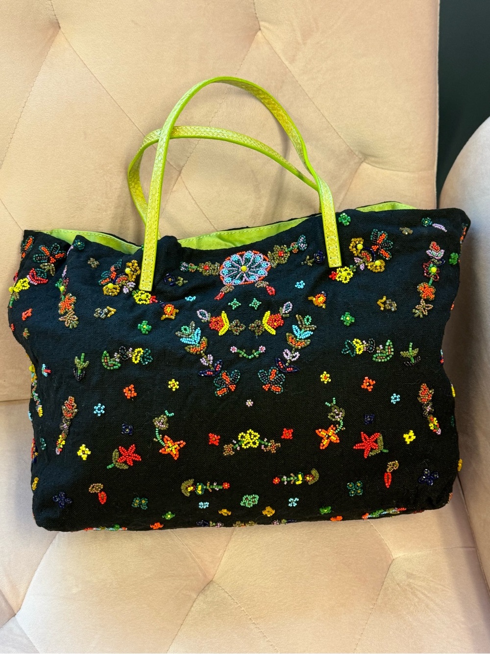 Fendi Black Embroidered Tote with Neon Lime Leather Handles